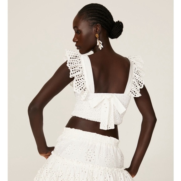 MISA LOS ANGELES Eyelet Flutter Strap‎ Tie Back Square Neck Smocked Crop Top S - Picture 6 of 16